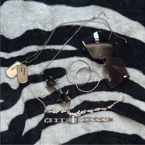Silver Jewelry and Black Sunglasses Set